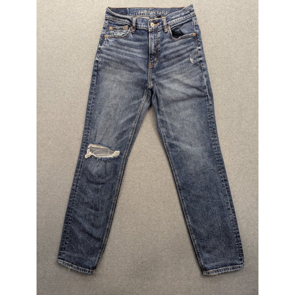 American Eagle Jeans Womens SZ 2 Blue Distressed HIgh Rise Straight Stretch